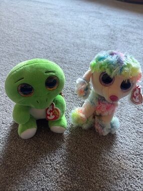 Ty Green Frog and Rainbow Poodle Beanie Plush Duo